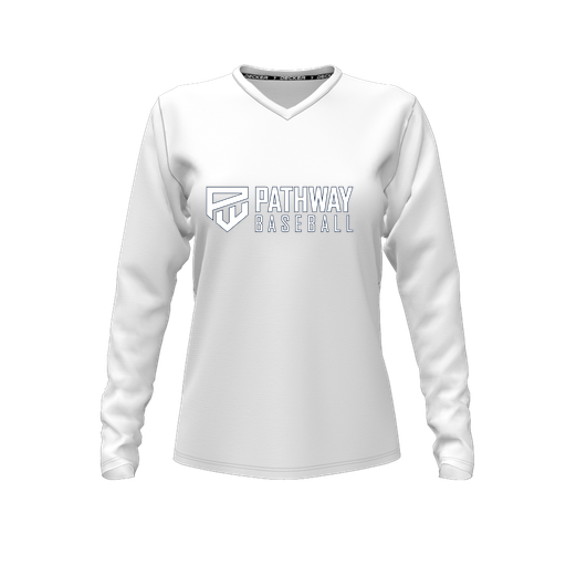 [CUS-DFW-TEES-CMF-VNK-LSL-WHT-FYXS-LOGO2] Comfort T-Shirt (Female Youth XS, White, V Neck, Logo 2, Long Sleeve)