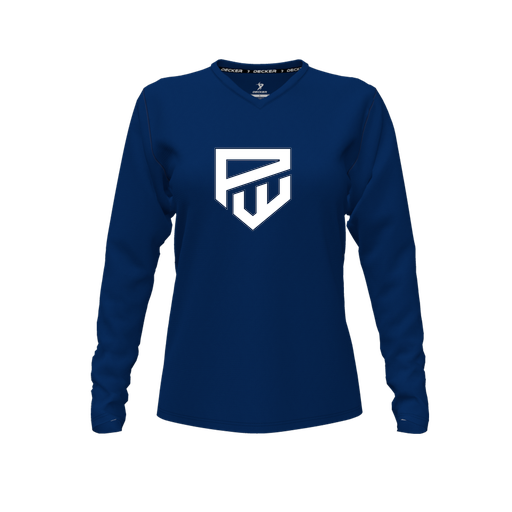 [CUS-DFW-TEES-CMF-VNK-LSL-NVY-FYXS-LOGO1] Decker Comfort T-Shirt (Female Youth XS, Navy, V Neck, Logo 1, Long Sleeve)