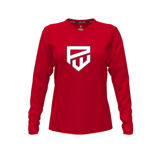 [CUS-DFW-TEES-CMF-VNK-LSL-RED-FYXS-LOGO1] Comfort T-Shirt (Female Youth XS, Red, V Neck, Logo 1, Long Sleeve)