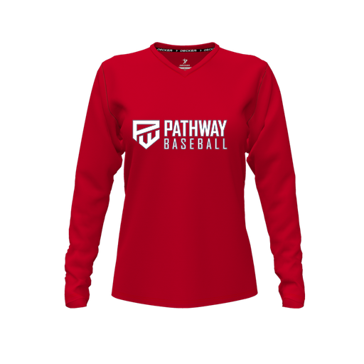 [CUS-DFW-TEES-CMF-VNK-LSL-RED-FYXS-LOGO2] Decker Comfort T-Shirt (Female Youth XS, Red, V Neck, Logo 2, Long Sleeve)